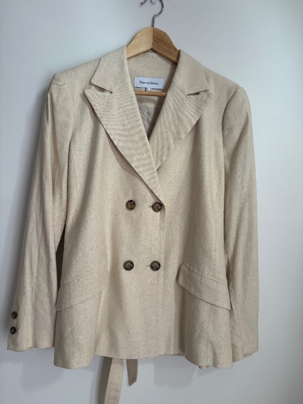 Pedro del Hierro Beige Double-Breasted Linen-Blend Blazer-Size L